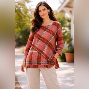Habitat Plaid Asymmetrical Linen Top Women’s M Artsy Lagenlook Tunic